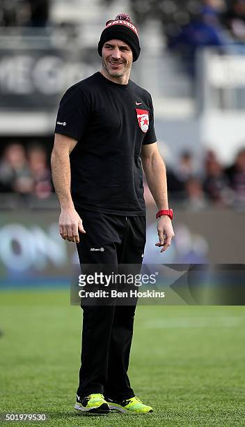 Saracens defence coach Paul Gustard looks on ahead of during the European Rugby Champions Cup match between Saracens and Oyonnax at Allianz Park on...