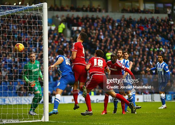 Christian Stuani of Middlesbrough scores their third goal during the Sky Bet Championship match between Brighton and Hove Albion and Middlesbrough at...