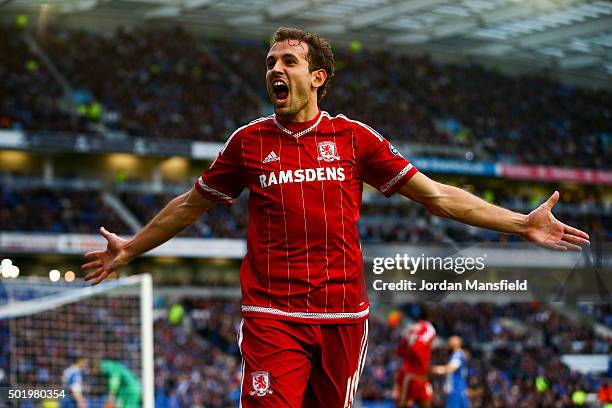 Christian Stuani of Middlesbrough celebrates as he scores their third goal during the Sky Bet Championship match between Brighton and Hove Albion and...