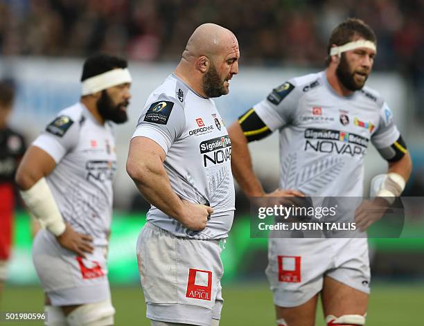 Oyonnax's prop from Romania Horatiu Pungea reacts during the European Rugby Champions Cup rugby union match between Saracens and Oyonnax at Allianz...