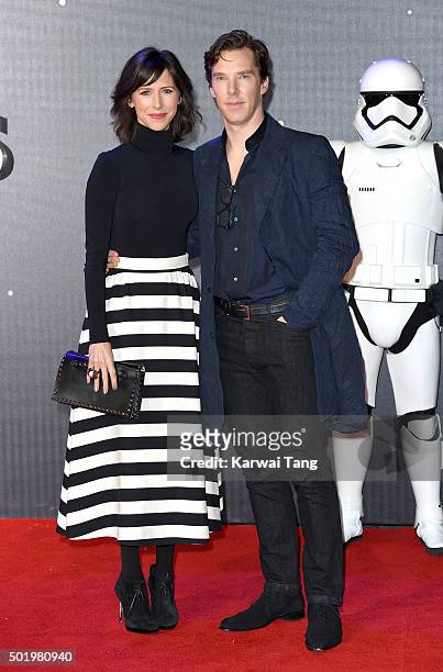 Sophie Hunter and Benedict Cumberbatch attend the European Premiere of "Star Wars: The Force Awakens" at Leicester Square on December 16, 2015 in...