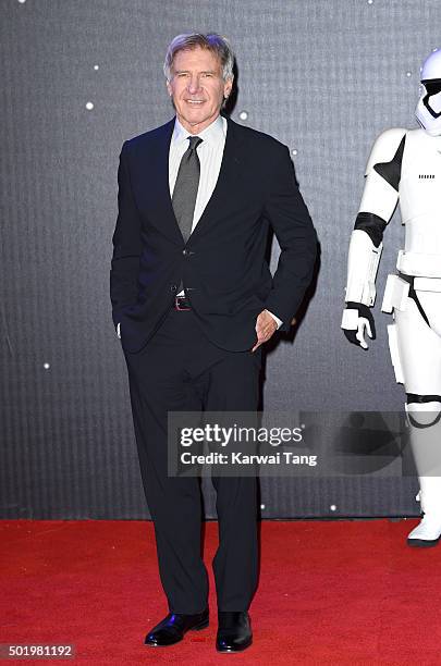 Harrison Ford attends the European Premiere of "Star Wars: The Force Awakens" at Leicester Square on December 16, 2015 in London, England.