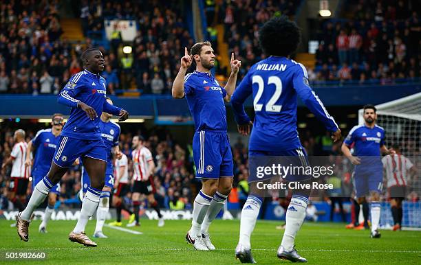 Branislav Ivanovic of Chelsea celebrates scoring his team's first goal during the Barclays Premier League match between Chelsea and Sunderland at...