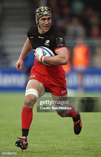 Kelly Brown of Saracens in action during the European Rugby Champions Cup match between Saracens and Oyonnax at Allianz Park on December 19, 2015 in...