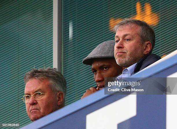 Chelsea interim manager Guus Hiddink , Didier Drogba of Montreal Impact and Chelsea owner Roman Abramovich are seen on the stand prior to the...