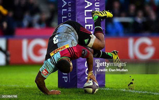 Kyle Sinckler of Harlequins dives over to score his side's second try during the European Rugby Challenge Cup Pool 3 match between Harlequins and...