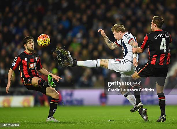 James McClean of West Bromwich Albion competes for the ball against Harry Arter and Dan Gosling of Bournemouth during the Barclays Premier League...