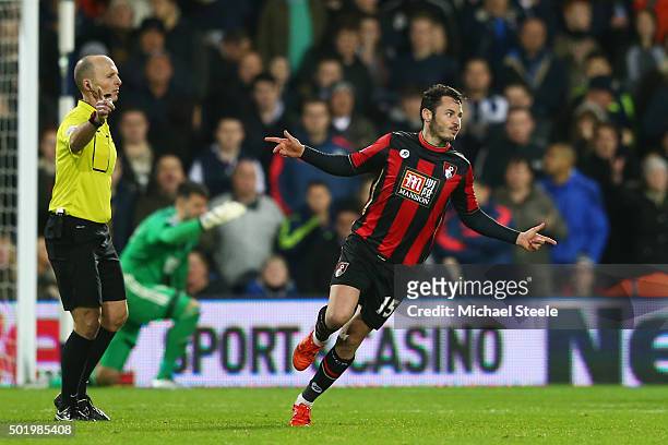 Adam Smith of Bournemouth celebrates scoring his team's first goal during the Barclays Premier League match between West Bromwich Albion and A.F.C....