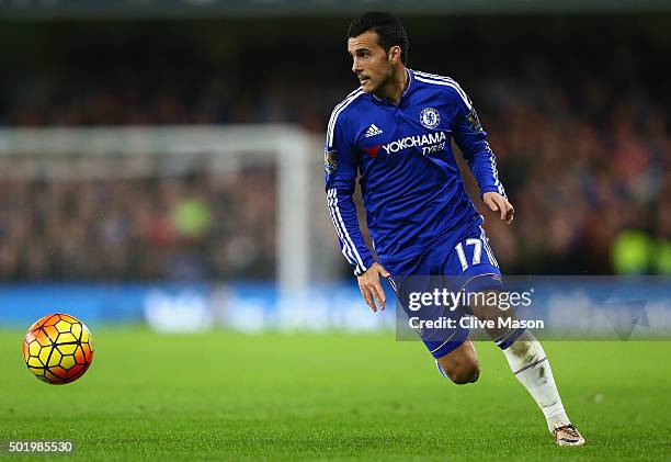 Pedro of Chelsea in action during the Barclays Premier League match between Chelsea and Sunderland at Stamford Bridge on December 19, 2015 in London,...