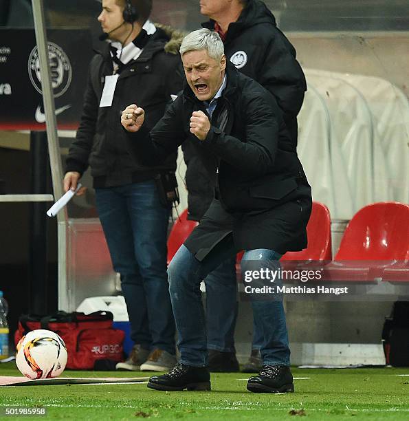 Head coach Armin Veh of Frankfurt celebrates after the Bundesliga match between Eintracht Frankfurt and Werder Bremen at Commerzbank-Arena on...