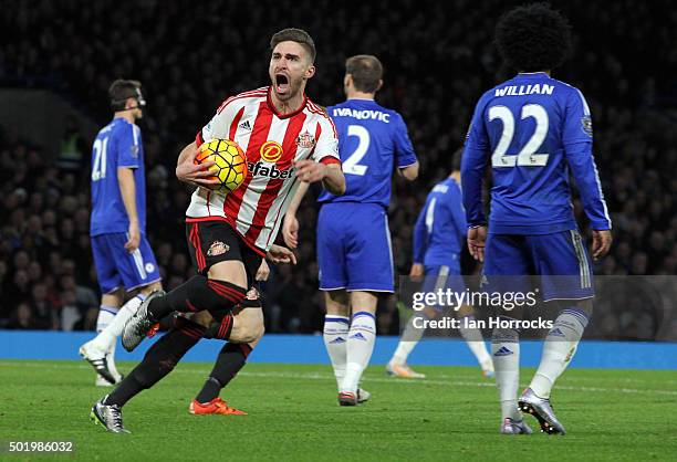 Fabio Borini celebrates scoring the first Sunderland goal during the Barclays Premier League match between Chelsea and Sunderland at Stamford Bridge...