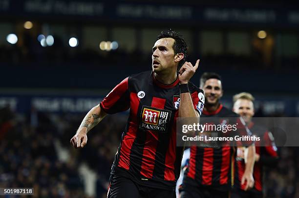 Charlie Daniels of Bournemouth celebrates scoring his team's second goal from the penalty spot during the Barclays Premier League match between West...