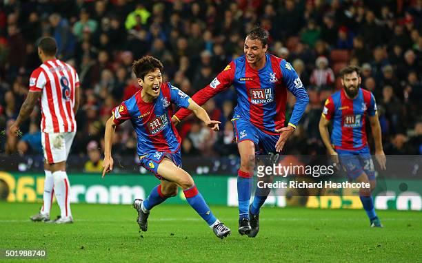 Lee Chung-Yong of Crystal Palace celebrates scoring his team's second goal during the Barclays Premier League match between Stoke City and Crystal...