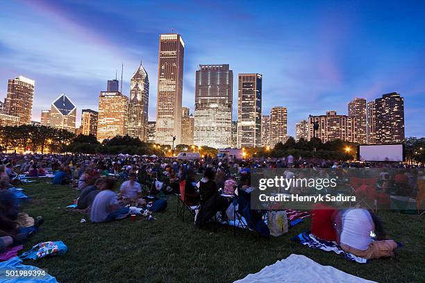 movies in the park in chicago - festival de film fotografías e imágenes de stock