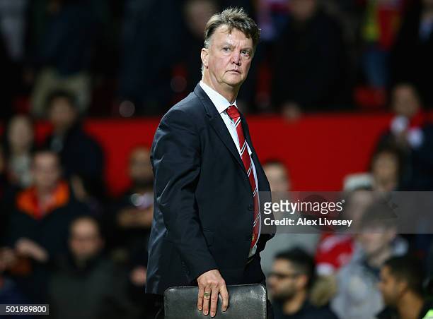 Louis van Gaal Manager of Manchester United leaves the pitch after 1-2 defeat in the Barclays Premier League match between Manchester United and...