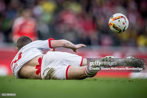 Matthias Lehmann of Koeln reacts during the Bundesliga match between 1. FC Koeln and Borussia Dortmund at RheinEnergieStadion on December 19, 2015 in...