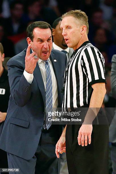 Head coach Mike Krzyzewski of the Duke Blue Devils argues during the game against the Utah Utes during the Ameritas Insurance Classic at Madison...