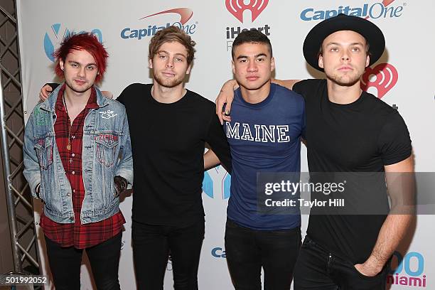 Michael Clifford, Luke Hemmings, Calum Hood, and Ashton Irwin of 5 Seconds of Summer attend the 2015 Y100 Jingle Ball at BB&T Center on December 18,...