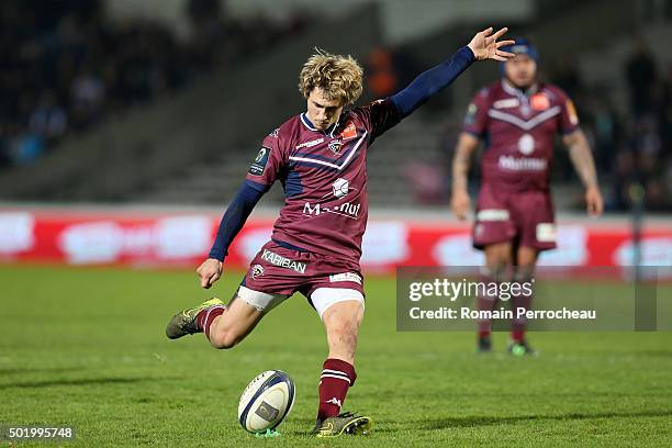 Baptiste Serin for Union Bordeaux Begles takes a penalty kick during the European Rugby Champions Cup match between Union Bordeaux Begles and Ospreys...