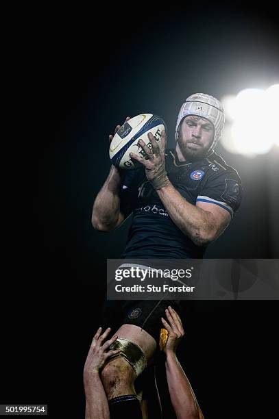 Dave Attwood of Bath wins a lineout ball during the European Rugby Champions Cup match between Bath Rugby and Wasps at Recreation Ground on December...
