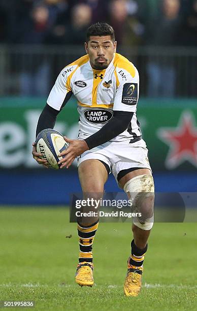 Charles Piutau of Wasps runs with the ball during the European Rugby Champions Cup match between Bath and Wasps at the Recreation Ground on December...
