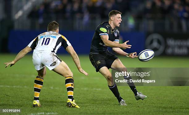 Rhys Priestland of Bath passes the ball during the European Rugby Champions Cup match between Bath and Wasps at the Recreation Ground on December 19,...