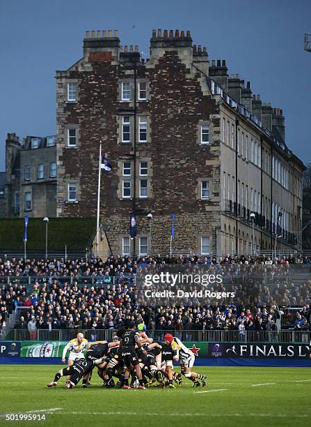 The teams scrummage during the European Rugby Champions Cup match between Bath and Wasps at the Recreation Ground on December 19, 2015 in Bath,...
