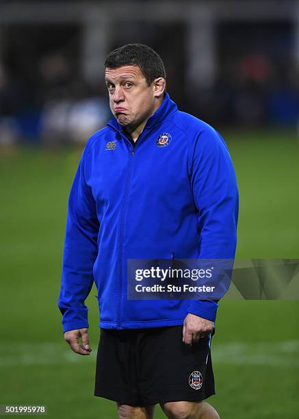 Coach Toby Booth reacts during the European Rugby Champions Cup match between Bath Rugby and Wasps at Recreation Ground on December 19, 2015 in Bath,...
