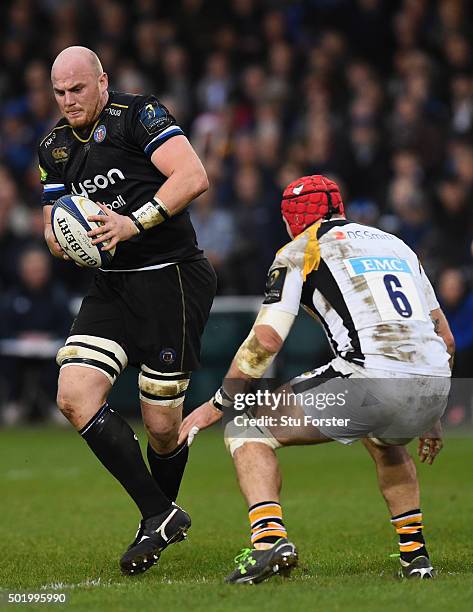 Matt Garvey of Bath in action during the European Rugby Champions Cup match between Bath Rugby and Wasps at Recreation Ground on December 19, 2015 in...