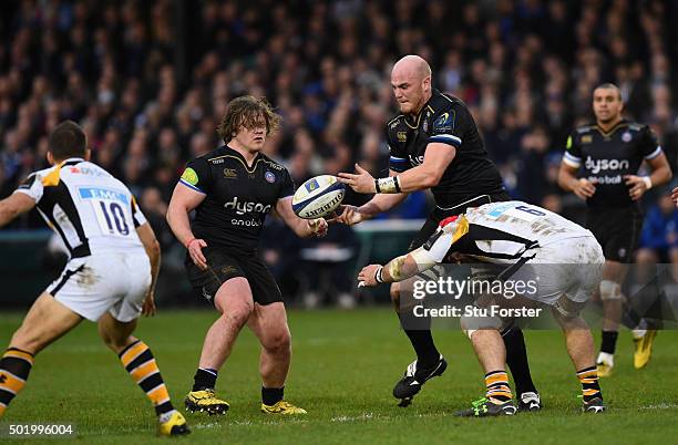 Matt Garvey of Bath in action during the European Rugby Champions Cup match between Bath Rugby and Wasps at Recreation Ground on December 19, 2015 in...