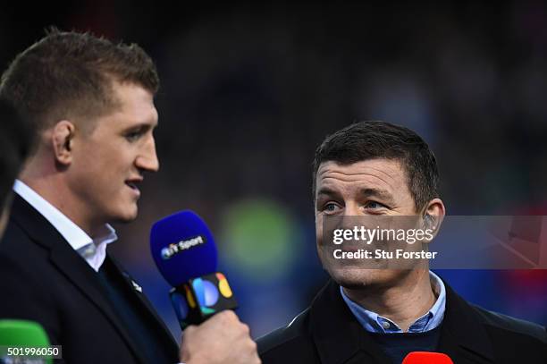 Pundits Stuart Hooper and Brian O' Driscoll discuss before the European Rugby Champions Cup match between Bath Rugby and Wasps at Recreation Ground...