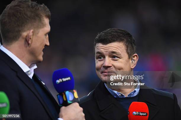 Pundits Stuart Hooper and Brian O' Driscoll discuss before the European Rugby Champions Cup match between Bath Rugby and Wasps at Recreation Ground...
