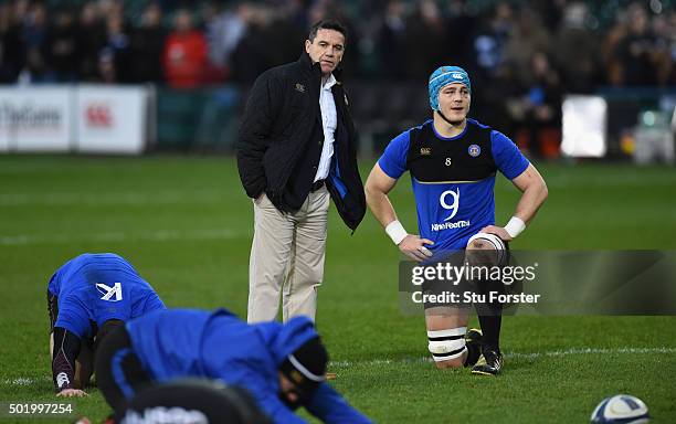 Coach Mike Ford chats with David Denton before the European Rugby Champions Cup match between Bath Rugby and Wasps at Recreation Ground on December...