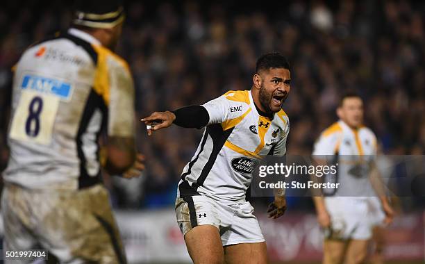 Frank Halai of Wasps reacts during the European Rugby Champions Cup match between Bath Rugby and Wasps at Recreation Ground on December 19, 2015 in...