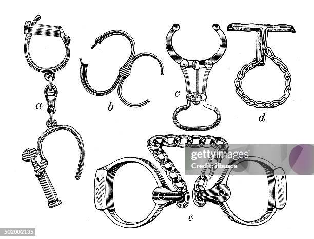 antique illustration of handcuffs - cuff stock illustrations