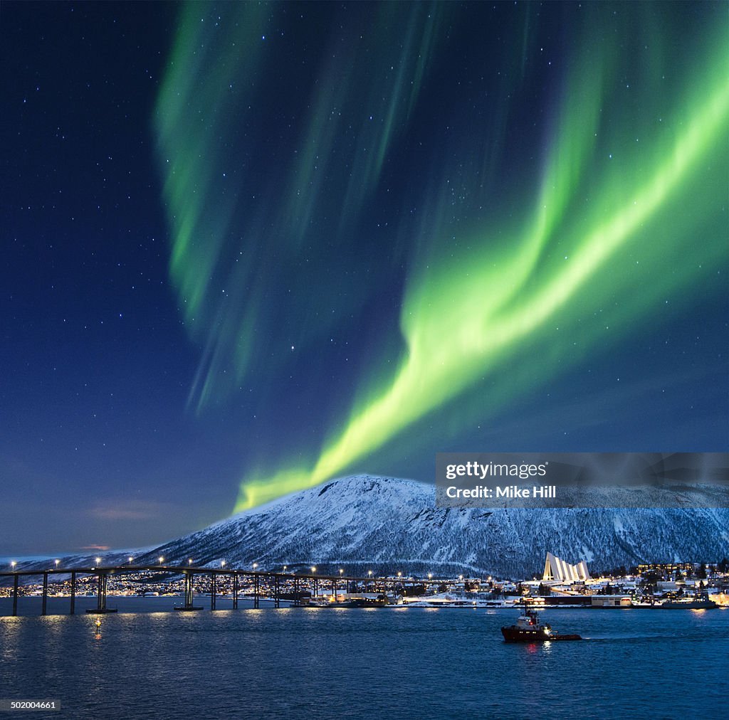 Aurora borealis over Tromso port