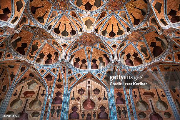 ornamented ceiling of ali kapu palace in esfahan - kapu stock pictures, royalty-free photos & images
