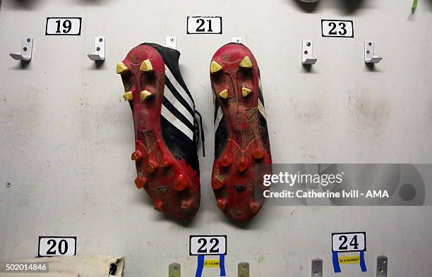 General view of boots hanging up in the boot room the Sky Bet League One match between Shrewsbury Town and Swindon Town at New Meadow on December 19,...