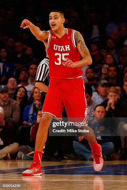 Kyle Kuzma of the Utah Utes in action against the Duke Blue Devils during the Ameritas Insurance Classic at Madison Square Garden on December 19,...