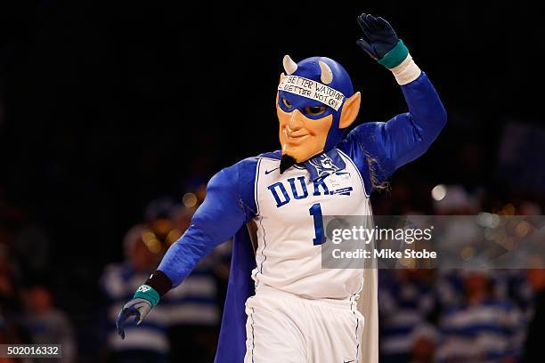 Duke Blue Devils mascot performs during a time out against Utah Utes at Madison Square Garden on December 19, 2015 in New York City. Utah Utes...