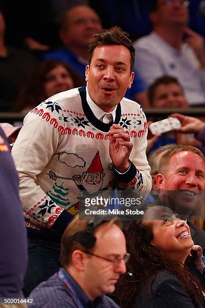 Jimmy Fallon host of the Tonight Show with Jimmy Fallon attends the agme between the Duke Blue Devils and the Utah Utes during the Ameritas Insurance...