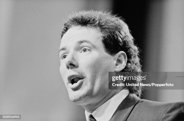 Labour Party politician and Deputy Leader of Liverpool City Council, Derek Hatton pictured making a speech from the platform at the Labour Party...