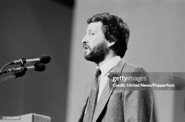 Labour Party politician and leader of Sheffield City Council, David Blunkett pictured making a speech from the platform at the Labour Party...