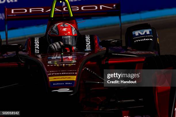 In this handout image supplied by Formula E, Loic Duval , Dragon Racing - Venturi VM200-FE-01 during the Julius Baer Punta del Este Formula E race at...