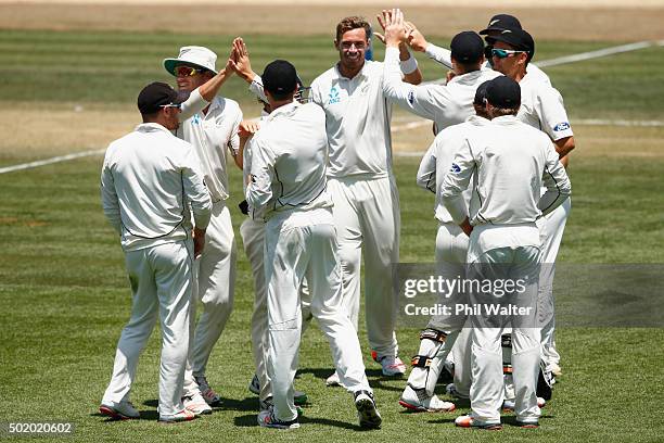 Tim Southee of New Zealand celebrates his wicket of Kusal Mendis of Sri Lanka during day three of the Second Test match between New Zealand and Sri...