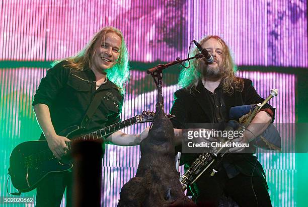Emppu Vuorinen and Troy Donockley of Nightwish perform at Wembley Arena on December 19, 2015 in London, England.