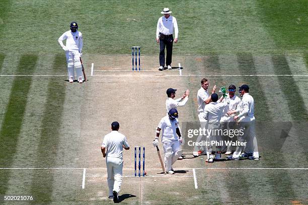 Tim Southee of New Zealand celebrates bowling Rangana Herath of Sri Lanka during day three of the Second Test match between New Zealand and Sri Lanka...