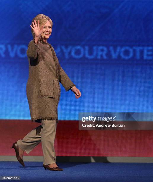 Democratic president candidate Hillary Clinton takes the stage at the democratic debate at Saint Anselm College December 19, 2015 in Manchester, New...