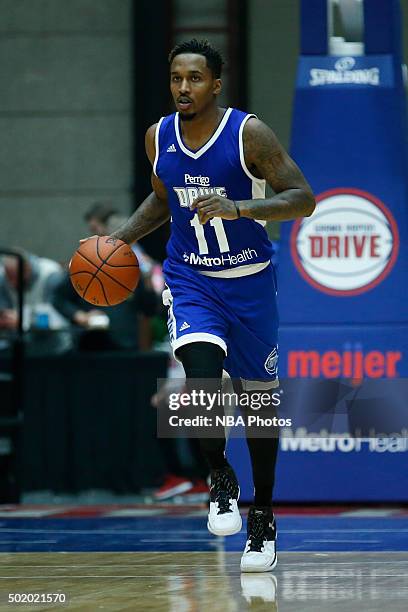 Brandon Jennings of the Grand Rapids Drive brings the ball up court against the Iowa Energy during the first half of an NBA D-League game on December...