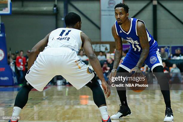 Brandon Jennings of the Grand Rapids Drive dribbles the ball against Lazeric Jones of the Iowa Energy during the first half of an NBA D-League game...